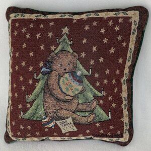 Christmas Teddy Bear Tapestry Pillow Square 15 x 14 Victorian Dear Santa